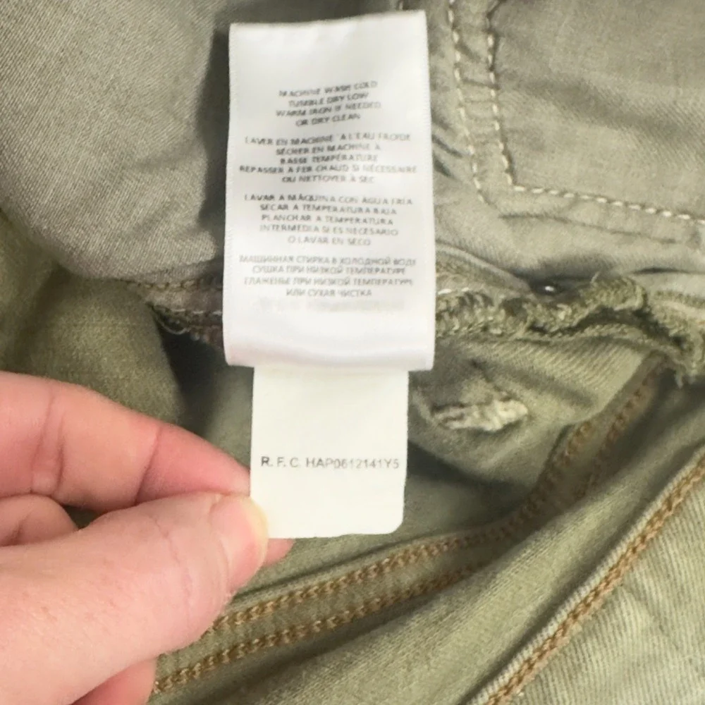 RE/DONE High Rise Ankle Crop Jeans Olive‎ Green Button Fly Raw Hem Denim Size 28